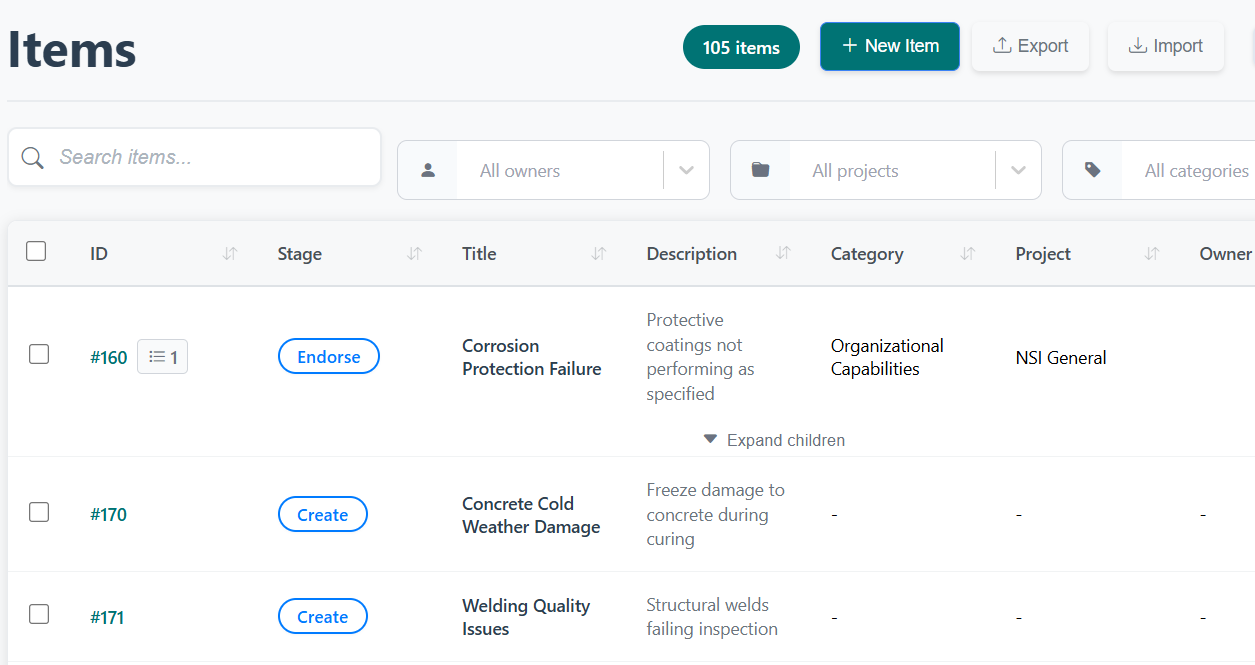 RIIMS items list screenshot